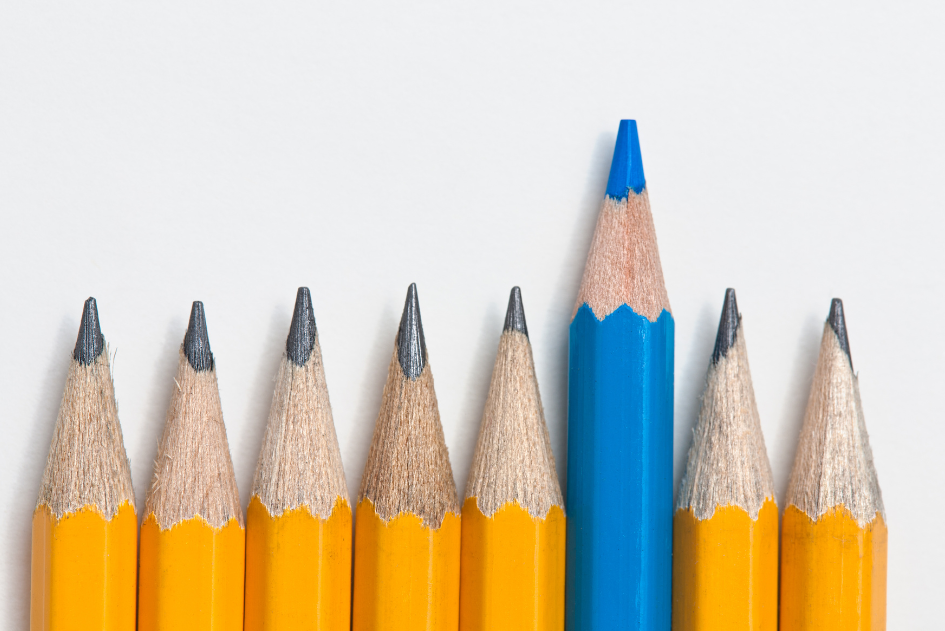 Blue pencil standing out amongst yellow pencils 